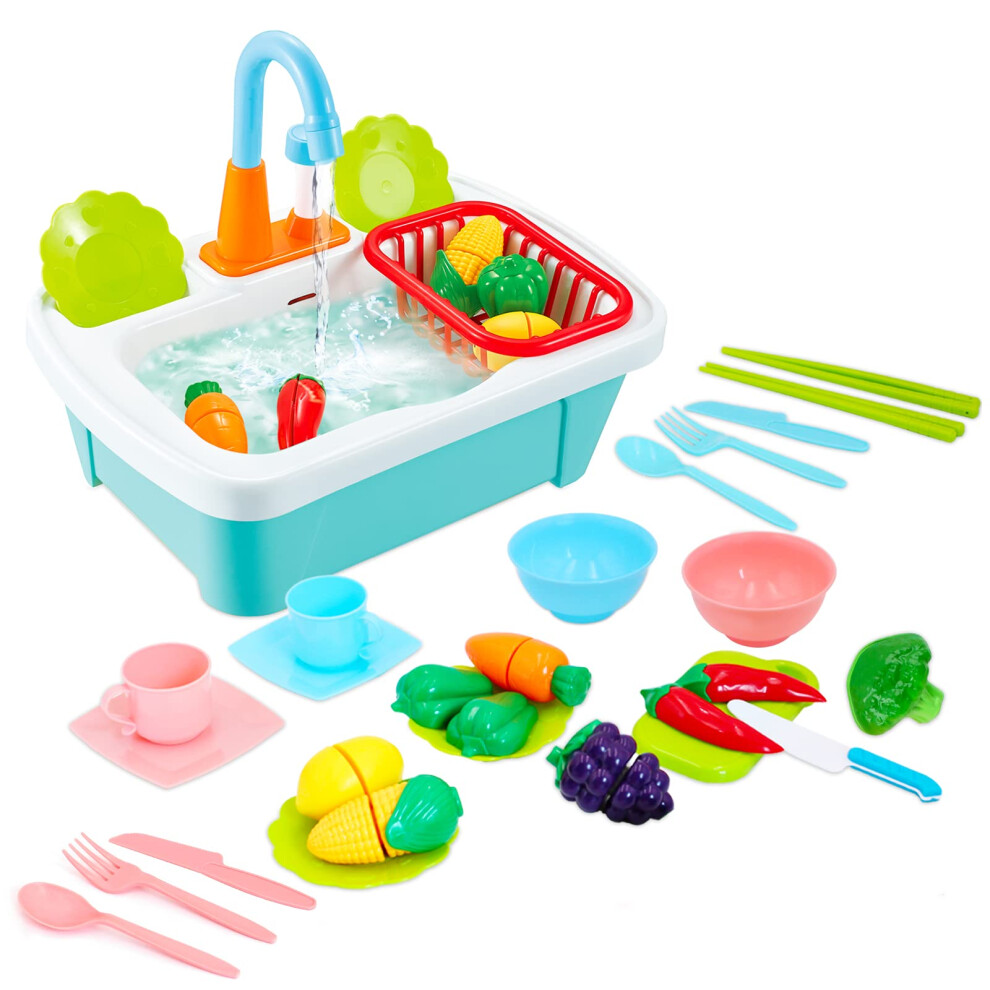 deAO 28pcs Pretend Wash-up Kitchen Sink Play Set Includes Cutting Toys, Kitchenware, Water Faucet & Drain? Great for Kids