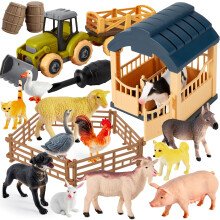 BUYGER Farm Animals Toys Sets for 3 4 5 Years Olds, Large and Mini Size Animals Figure, Take Apart Farmyard Truck House Fence Gifts for Kids Toddler