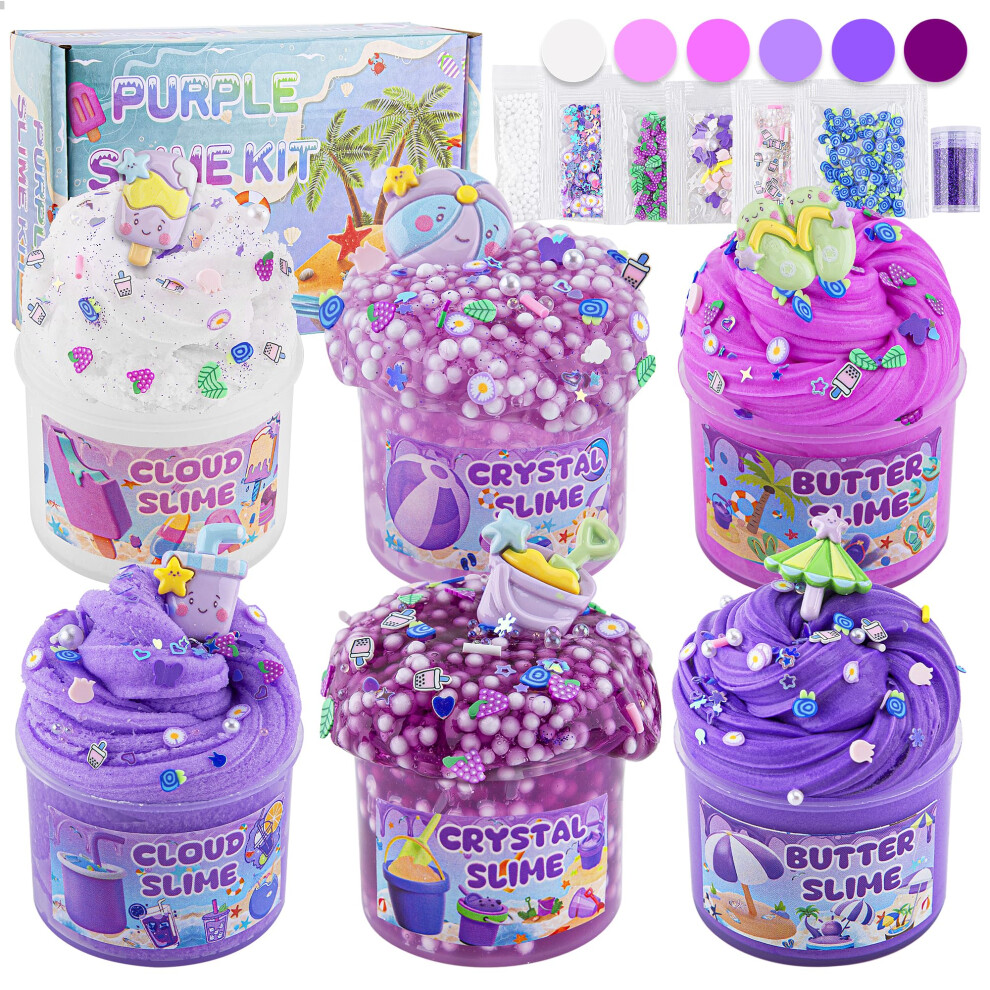 Lawoho 6 Packs Gradient Slime Kit - Cloud Slime, Butter Slime & Clear Slime, Crunchy Slime With Beach Slime Add-Ins, Fluffy Slime Kits For Girls & Purple