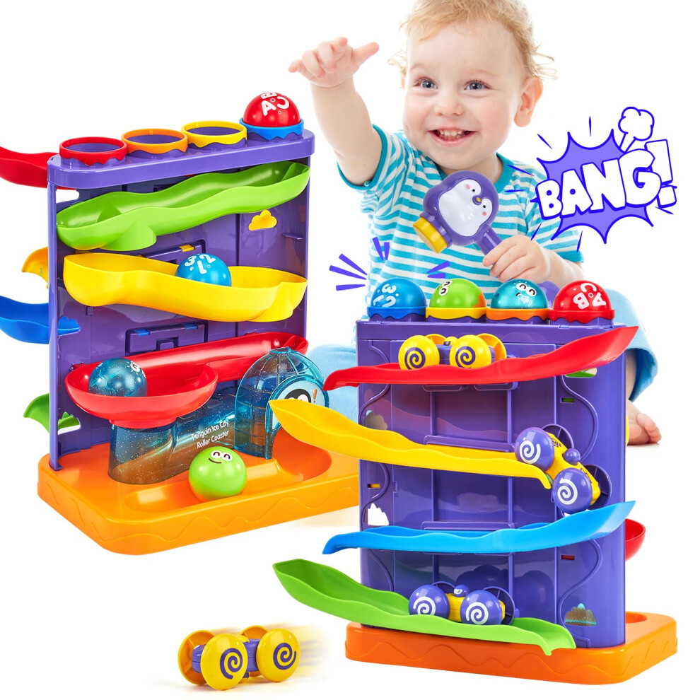 Hahaland Toys For 1 Year Old Boys - 2 In 1 Pound & Roll Balls Toy & Car Ramp Race Track Toddler Toys Baby Toys 12 Months Early Developmental Hammer