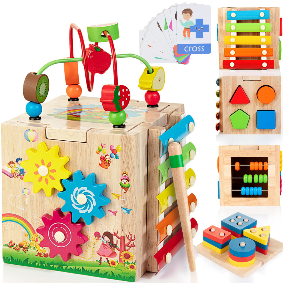 Wooden Activity Cube | 8-In-1 Montessori Toys For 18M+ Toddlers, One Year Old First Birthday Toy, Baby Toy Set With Bonus Sorting & Stacking Board Bravmate