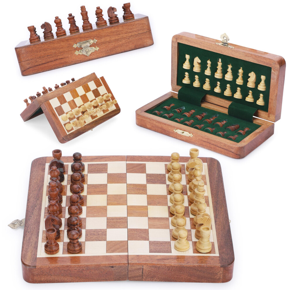 Ajuny 7 Inches Magnetic Wooden Chess Board Set Decorative Folding Board - Pieces Storage Slots, Portable Travel Handmade Chess Game Beginner Chess Set-image-OPC-PK52JJV-NEW