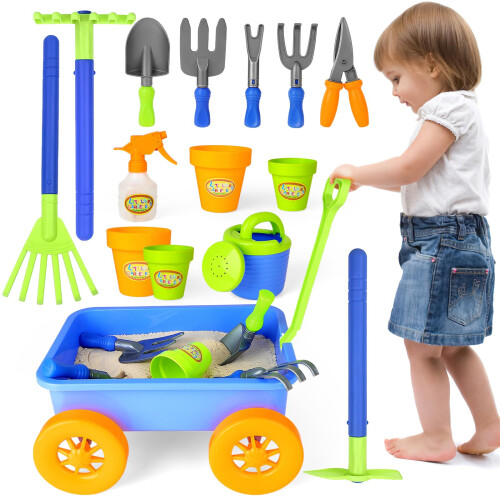 deAO Pull along Kids Wagon Wheelbarrow and Gardening Tools Play Set ...