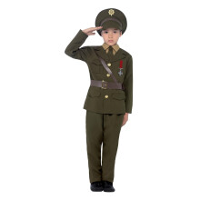 Smiffys Army Officer Costume, Green with Jacket, Belt, Trousers, Hat, Mock Shirt & Tie, Boys Fancy Dress, 1940s Dress Up Costumes