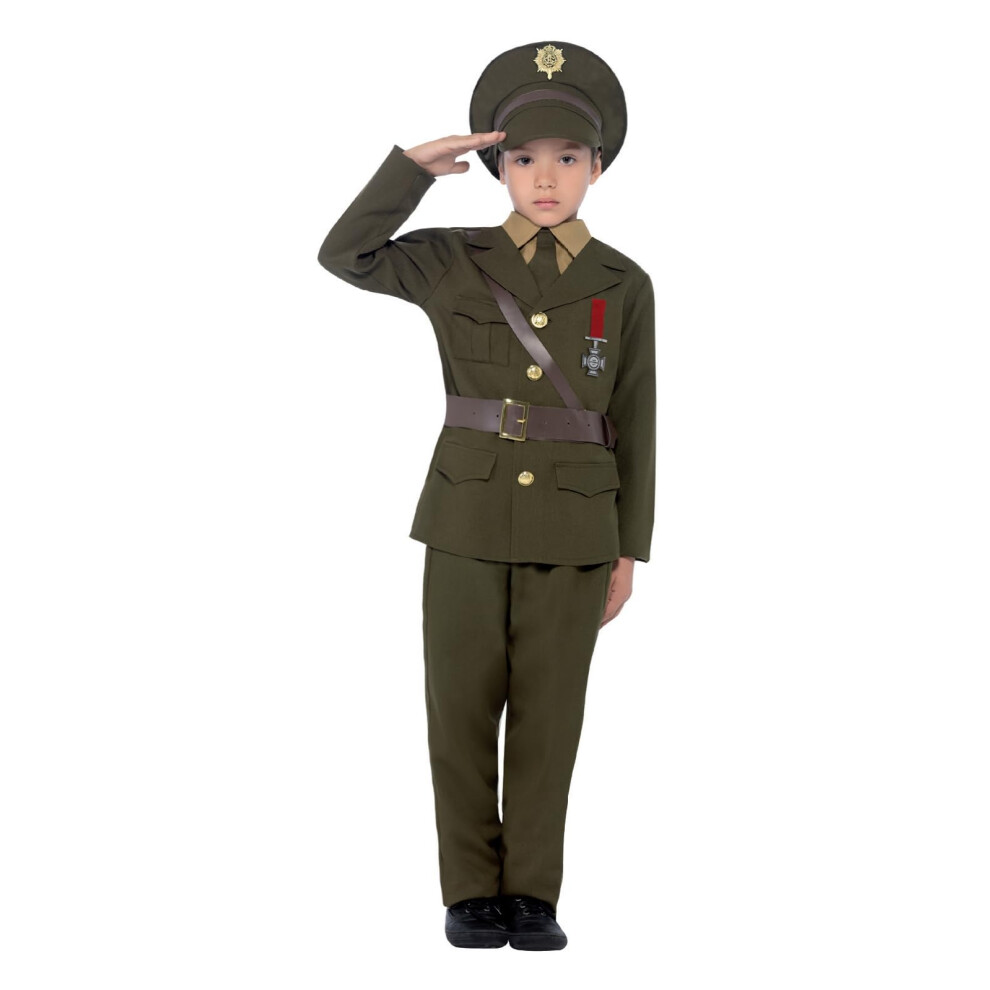 Smiffy's Army Officer Costume, With Jacket, Belt, Trousers, Hat, Mock Shirt & Tie, Boys Fancy Dress, 1940S Dress Up Costumes Green