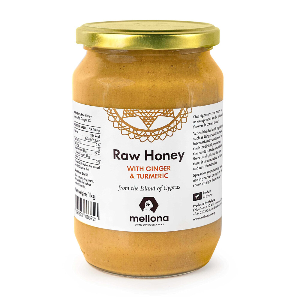 Mellona 100% Raw & Natural Creamy Honey With Ginger & Turmeric, Unheated & Unfiltered, 1Kg Golden