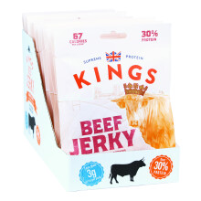 Kings - Beef Jerky - BBQ Flavour - High Protein Snacks - Bulk Box of 12 x 25 g Packs
