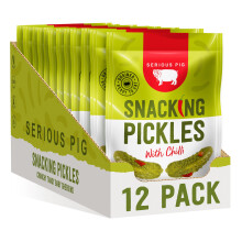 Serious Pig - Chilli Pickled Snacking Gherkins In A Pouch, Crunchy Snacks with Red Chilli, Dill and Garlic, Low Carb, Low Calorie, Drained and Ready