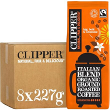 Clipper Organic Italian Style Ground Coffee | 8x227g Fairtrade Arabica | Bulk Buy Strong Roast for Catering | Gourmet Sustainable Ethically Sourced