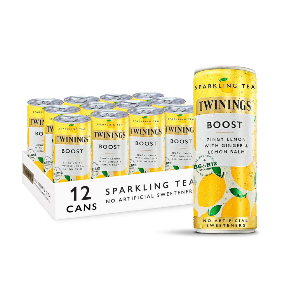 Twinings Boost - Lemon And Ginger Flavoured Sparkling Tea-Refreshing Fruity Beverage(12X250ml Cans)-No Added Sugar, Low In Caffeine/Calorie, Healthy