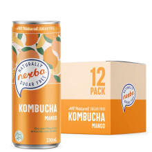 Nexba Naturally Sugar Free Mango Kombucha, 330 ml Sleek Cans (Pack of 12)