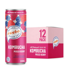 Nexba Naturally Sugar Free Mixed Berry Kombucha, 330 ml Sleek Cans (Pack of 12)