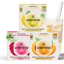 Waterdrop? Microdrink Iced Tea Set | 36 Ice Tea Drops Cubes | Zero Sugar Powder | 3 Fruity Varieties: Black Tea + Peach, Green Tea + Lemon, Black Tea