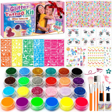 KHOLEZ Glitter Tattoos for Kids, Temporary Face & Body Glitter Make Up Kit - 24 Colours, Stencils, Gems, Rhinestones - Perfect for Birthday, Party,