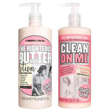 Soap and Glory The Righteous Body Butter Lotion Bundled with Clean on Me Creamy Clarifying Shower Gel 500 millilitre Hand Pumps