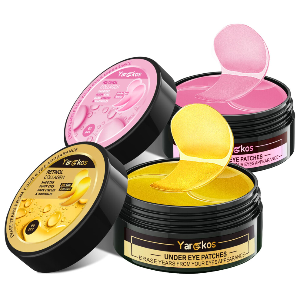 Mifeloy Gold/Pink/Dark 2 Packs 60 Pcs Under Eye Patches, 24K +, 30 Pairs Women Undereye Mask For Puffy Eyes Circles Treatment, Beauty Skin Care, Men Collagen
