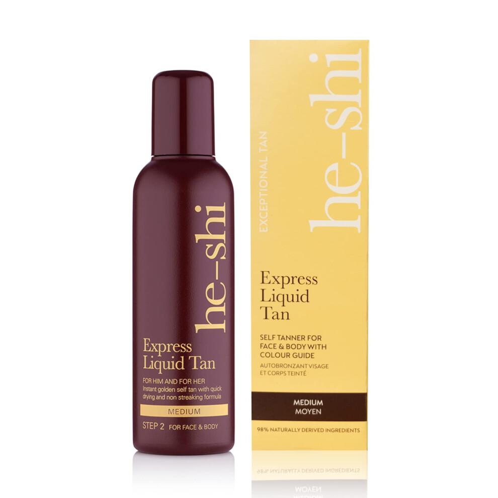 He-Shi Self Tan Express Instant Fake Tan Liquid ? Natural Quick Dry Formula With Tropical Smell - Vegan & Cruelty Free - Medium Bronzing Glow Bronze