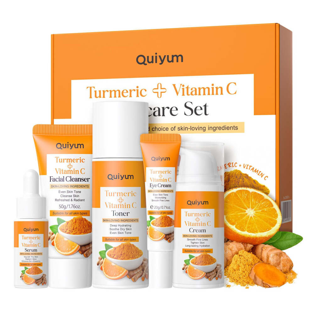 Quiyum Cream Turmeric Vitamin C Skincare Set, Face Skin Care Sets & Kits Facial Cleanser,Toner,Serum,Eye ,Face Pamper Gift Set For Women Teenage