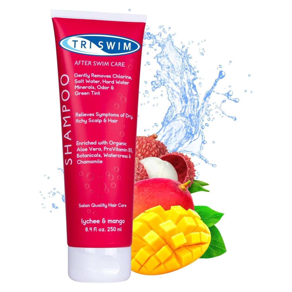 Triswim Green Chlorine Removal Shampoo | After Swim Care | Moisturising Anti-Chlorine Vegan Shampoo For Swimmers | Removes Tint | Lychee & Mango