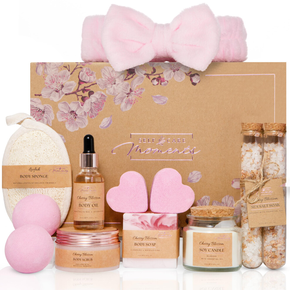 Self Care Moments Luxury Spa Pamper Hamper Kit For Her - 12 Pamper Gifts For Women With Cherry Blossom - Bath Spa Sets For Mum - Relaxation Birthday
