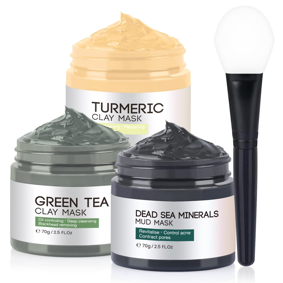 Clay Mask, Face Masks Skincare, Turmeric Clay Face Mask, Dead Sea Mud Mask, Green Tea Face Mask, Facial Mask Set for Deeply Cleansing, Pores, Acne,