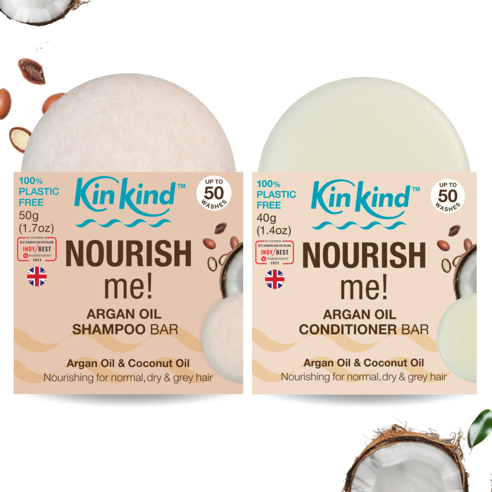 Kinkind Nourish Me! Shampoo Bars And Conditioner Set | Argan Oil And Coconut Oil For Hydration & Softness | For Normal, Dry And Grey Hair. 50 Washes.
