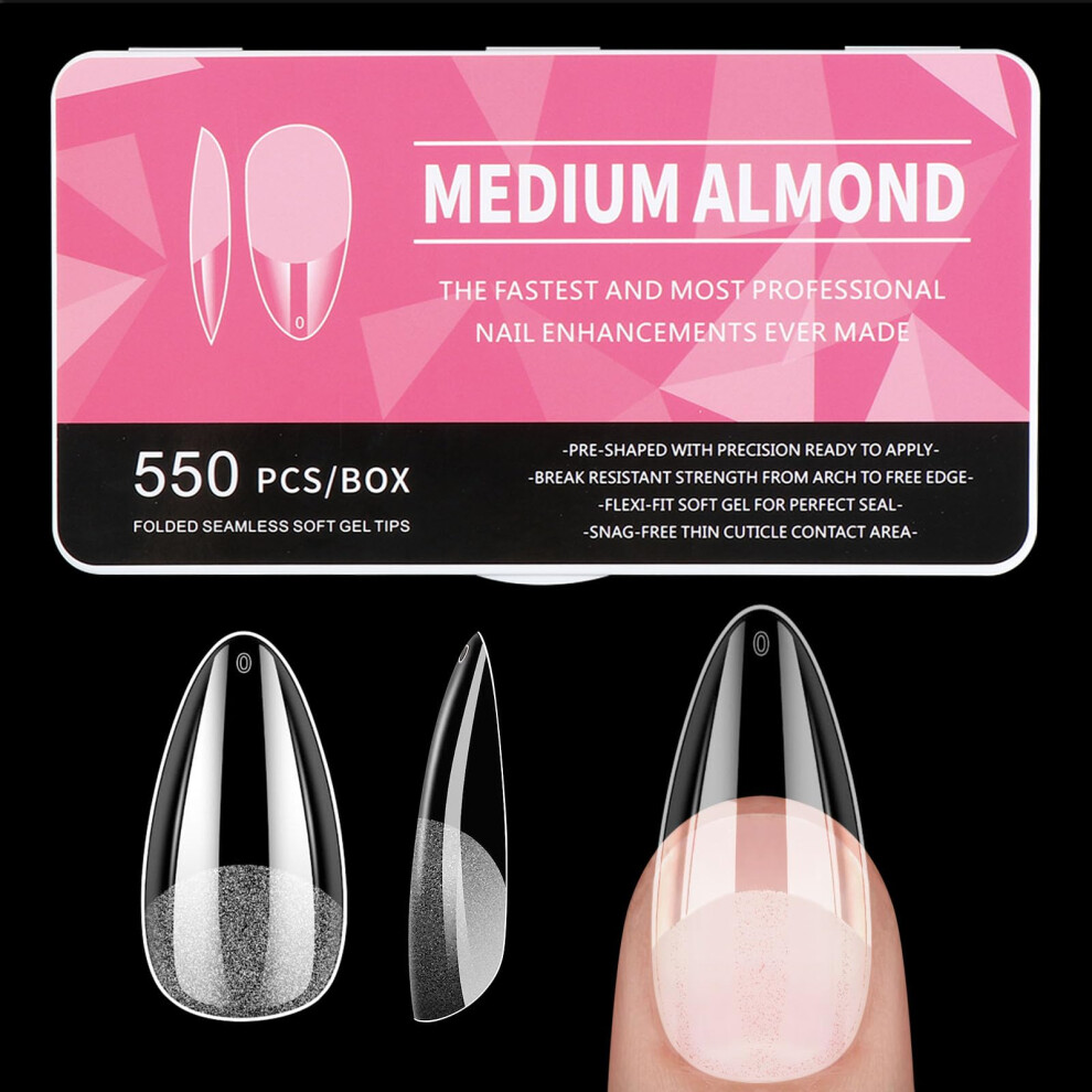 Diboniur Medium Almond Nail Tips, 550Pcs Soft Gel, 11 Sizes Full Cover Clear For Nail Technicians, Beginners And Art Salons, Extensions