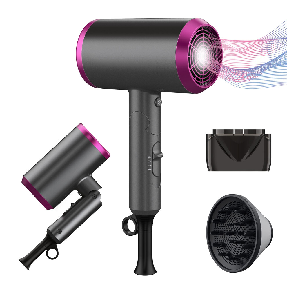 Yeezoidon Travel Hair Dryer With Diffuser, Professional Hairdryer Low Noise Lightweight Blow Dryer For Curly Hair Concentrator With 2 Speed, Heat And Cool