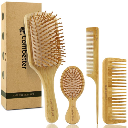 Combetter Natural Bamboo Hairbrush Set - Get Smooth, Shiny, and Healthy Hair with Reduces Frizz and Promotes Hair Growth, Eco-Friendly Wooden Hair