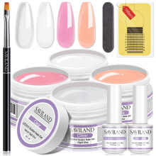 Saviland Builder Gels Nail Kit - 4 Basic Colors Nail Extension Gel Kit Clear White Nudes Pink Nail Strengthen Gel with Nail Brush 100Pcs Nail Forms