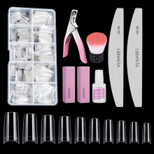 Square Nail Tips, Venares Half Fake Nails Tips Square 500Pcs 10 Size Fake Nails Short with Glue Nails Files Nail Buffer Blocks Nail Brush Nail