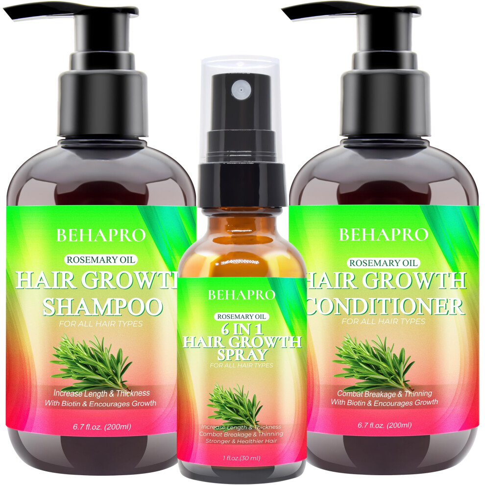 Behapro Hair Growth Shampoo And Conditioner Sets W/6 In 1 Heat Protectant Spray,Rosemary Oil Biotin Keratin Caffeine Sulfate Free Hair Thickening Products For