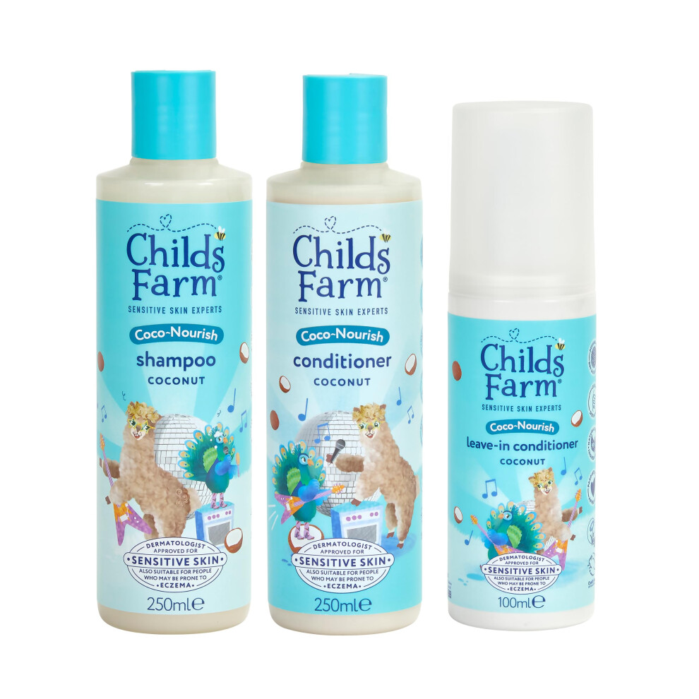 Kids Coco-Nourish Hair Regime Bundle |Tear Free Coconut Shampoo (250Ml), Conditioner (250Ml) And Leave-In Conditioner Spray (100Ml) | Childs Farm