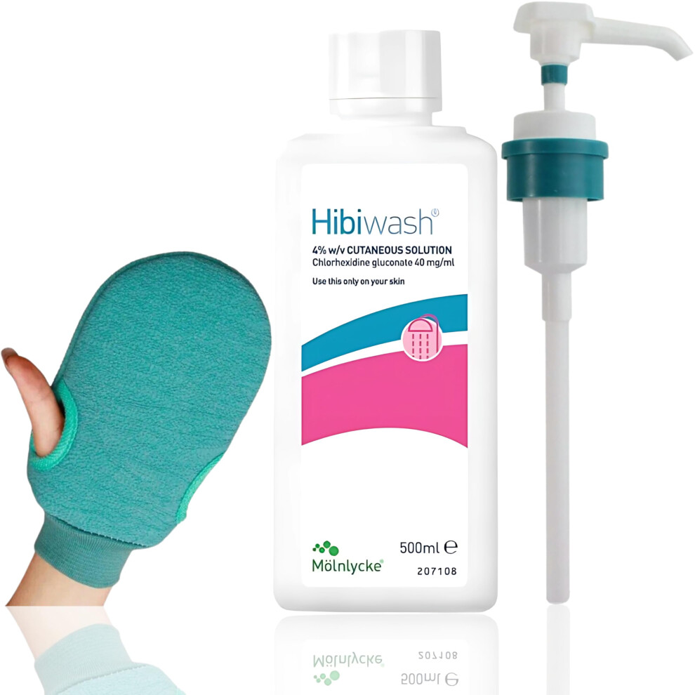 Hibiscrub now Hibiwash Complete Kit - Hibiwash 500ml Antibacterial Body Wash, Pump for Hibi scrub & Microfibre Bath Glove for gentle cleansing - (Also-image-OPC-PK52VSV-NEW