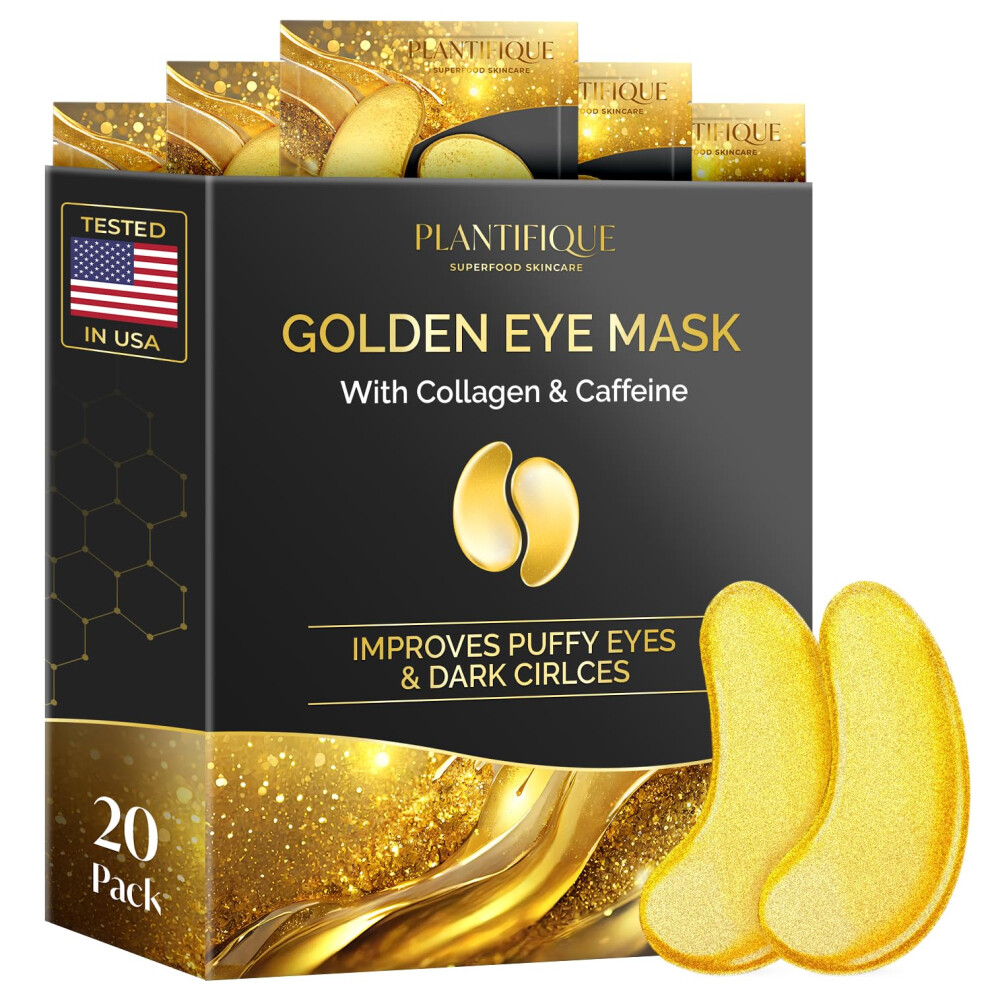 Plantifique Gold/Dark Under Eye Gel Patches, 20 Pairs Under Eye Patches For Circles With Collagen & Caffeine, Cooling Eye Mask For Puffy Eyes And