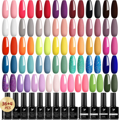 Phoenixy Gel Nail Polish Set, 36 Colours Gel Nail Polish Red Orange Purple Gel Nail Varnish Set Soak Off UV Gel Nail Kit with Glossy Matte Glitter