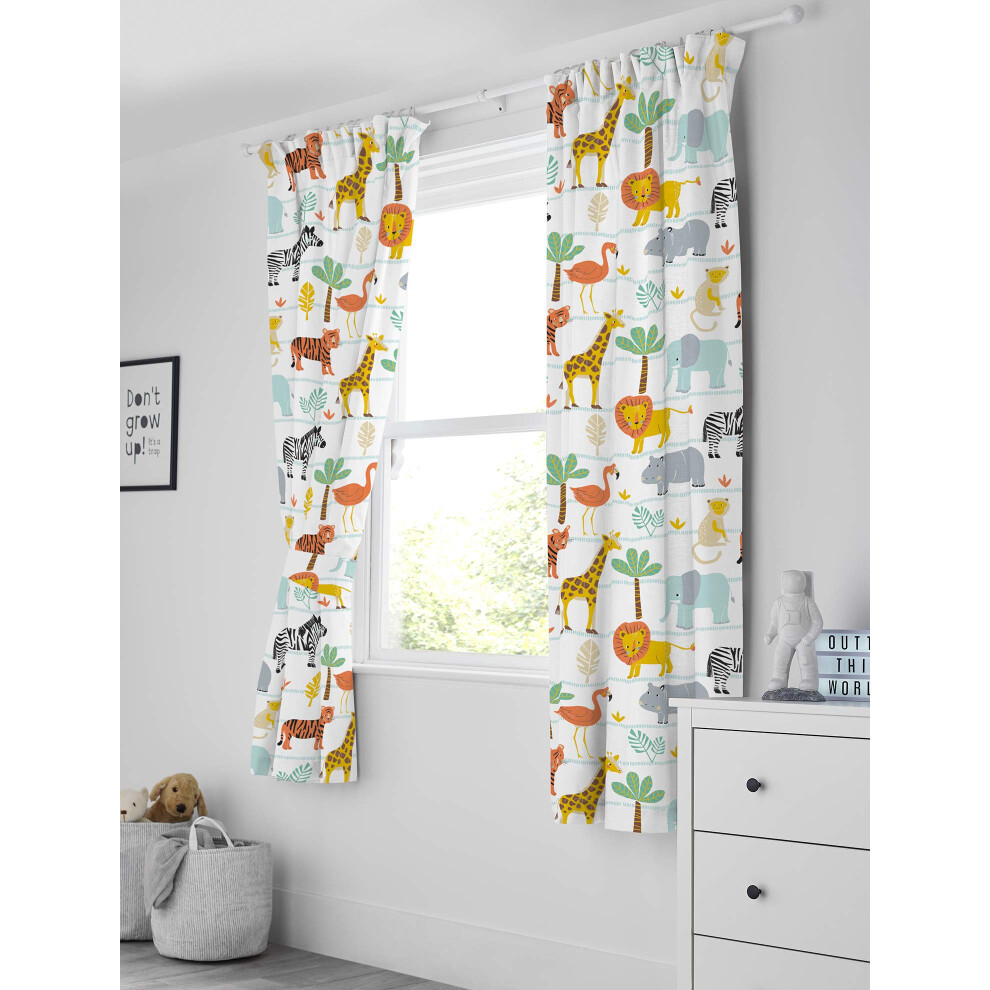 Bloomsbury Mill - Kids Curtains For Boys & Girls Bedroom - Safari Animals Lined Curtain Pair With Tiebacks - Nursery Curtains For Childrens Or Baby