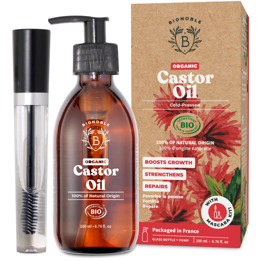 Bionoble Organic Castor Oil 200Ml - 100% Pure, Natural, Cold Pressed - Lashes, Eyebrows, Body, Hair, Beard, Nails - Vegan And Cruelty Free - Glass