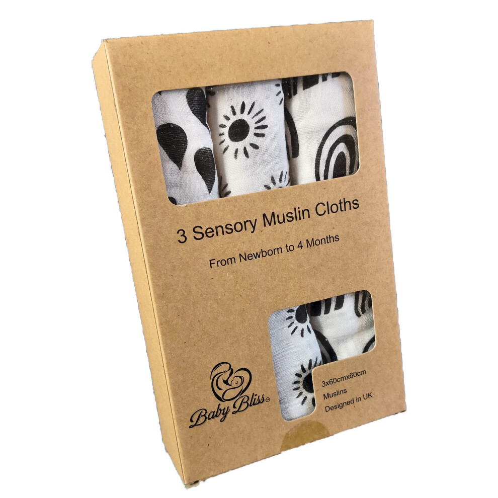 Muslin Squares Bamboo In And Pack Of 3 Sensory Muslins For Babies Visual Development And Stimulation!? (, Rainbow) Black/White Baby Bliss