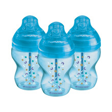 Tommee Tippee Advanced Anti-Colic Baby Bottle, 260ml, Slow-Flow Breast-Like Teat for a Natural Latch, Triple-Vented Anti-Colic Wand, Pack of 3, Blue