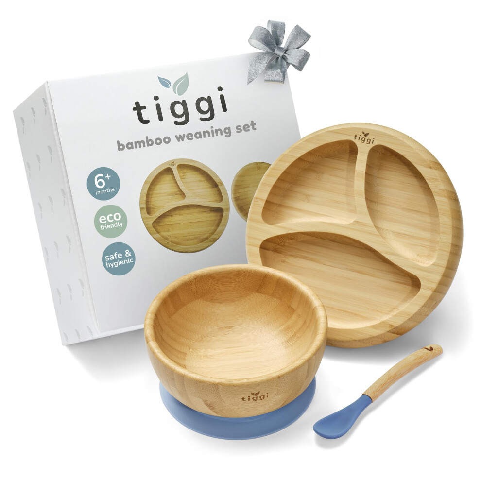 Bamboo Weaning Set By Complete With Baby Plate Suction Bowl And Spoon, Essential For 6 Months Totoddler For Feeding (Dusky ) Blue Tiggi