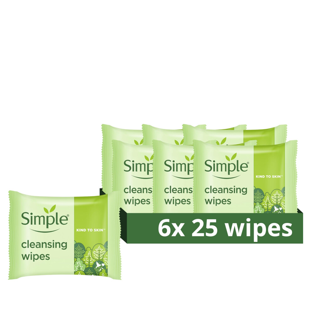 Simple Kind To Skin Bio-Degradable Cleansing Wipes Face Wipes To Remove Waterproof Eye Make-Up For Sensitive Skin 6X 25 Wipes