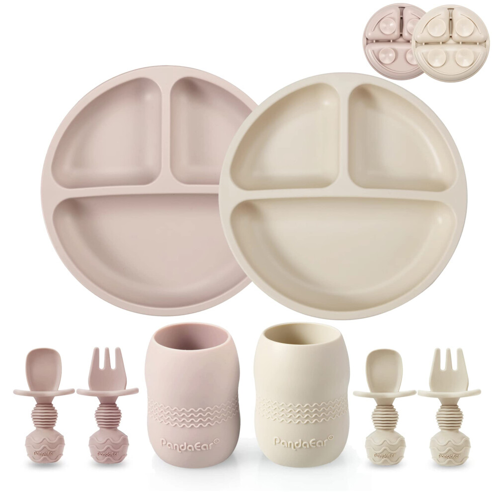 Pandaear Silicone Baby Feeding Set| 2 Pack Silicone Divided Suction Plate And 2 Pack Tiny Cup With 2 Spoons 2 Forks| Baby Led Weaning Supplies Self