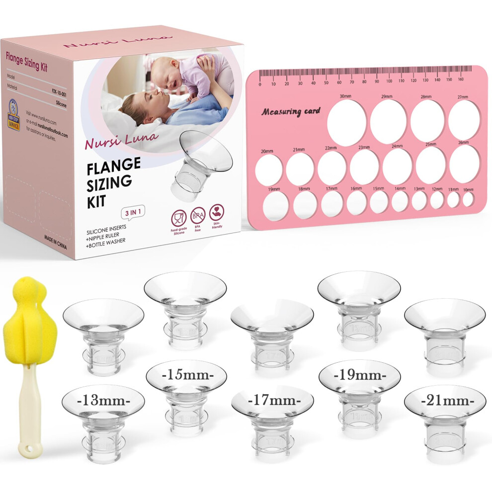 Flange Sizing Kit 3 In 1 Ultimate With 10Pcs Flange Inserts 13/15/17/19/21Mm, Nipple Ruler, Cleaning Brush, Silicone Flanges Insert Kit For Nursi Luna