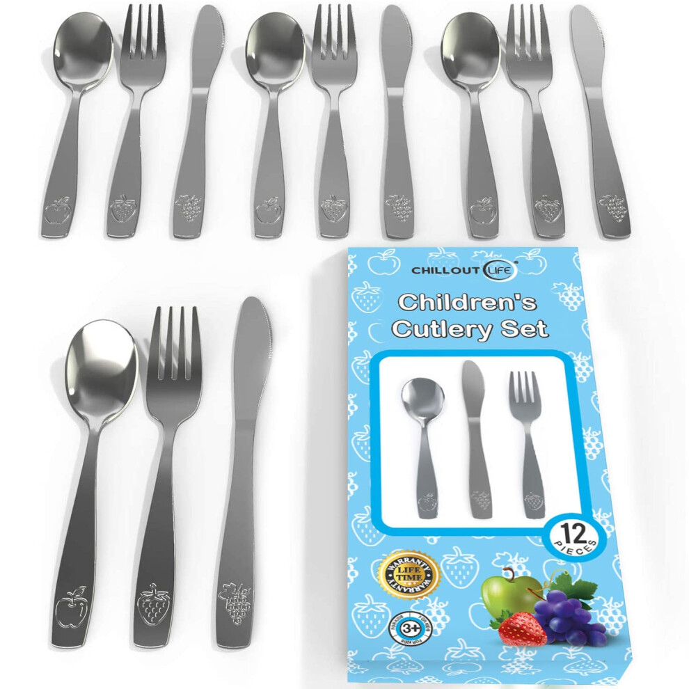 12 Piece Stainless Steel Kids Silverware Set - Child And Toddler Safe Flatware - Kids Utensil Set - Metal Kids Cutlery Set Includes 4 Small Kids Chillout Life