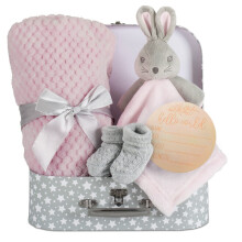 Hoolaroo Newborn Baby Girl Gifts Set New Baby Hampers Present For Baby Girl Unique Suitcase Memory Box Cute Soft Milestone Pink Bunny Comforter