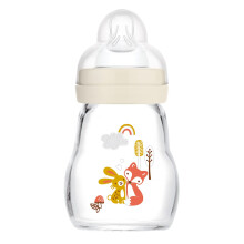 MAM Feel Good Glass Bottle | 1 Pack (1 x 170ml) | MAM Glass Bottle with Slow Flow Teat Size 1 | Baby Accessories for Newborn | White (Various Designs)