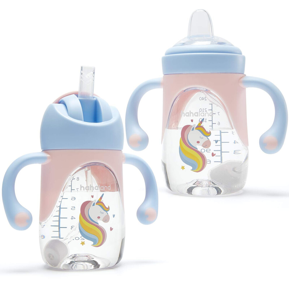 2 In 1 Baby Cups & Sippy Cup With Straw And A Spout 240Ml, Toddler Drinks Water Bottles Trainer Cup With Handles For Babies 6 12 Months - Hahaland