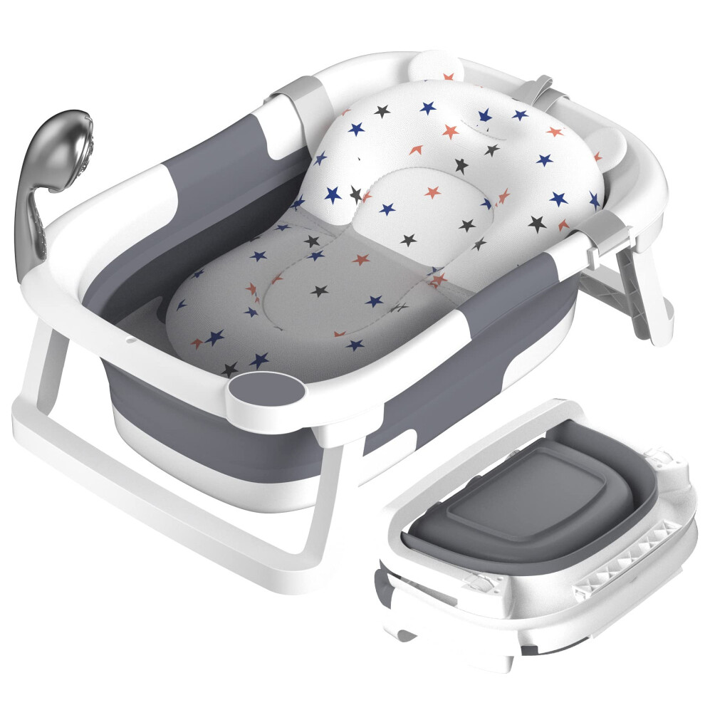 Baby Bath Tub Foldable,Portable Bath Newborn To Toddler With Non-Slip Mat,Drain Hole,No Thermometer, Grey Rabb 1St