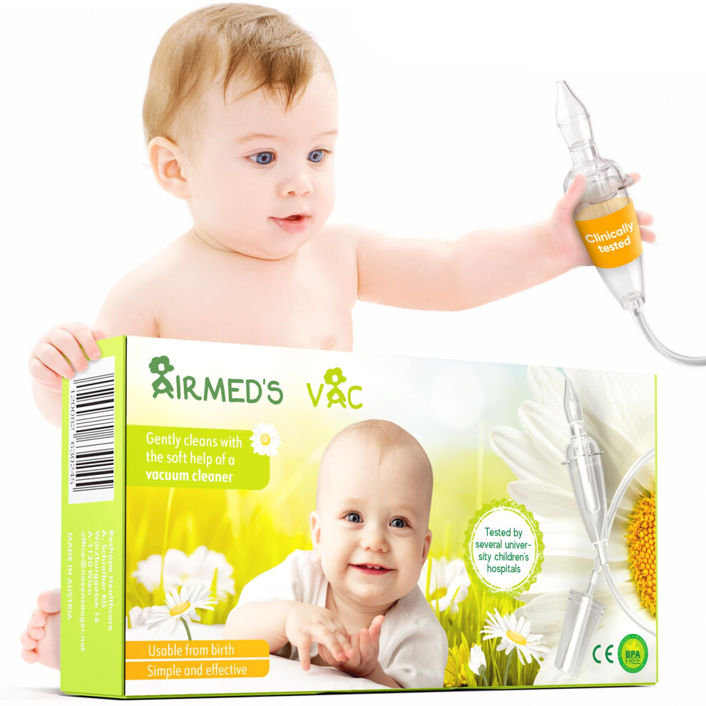 Airmed's Vac Nasal Aspirator Baby. Clinically Tested, Safe And Gentle. Baby Nose Sucker With 2 Suction Heads And Cleaning Brush. Safe And Gentle Baby Nasensauger